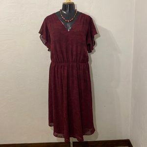 Women’s holiday party dress maroon Vneck 2X flower printw/liner back bow pretty